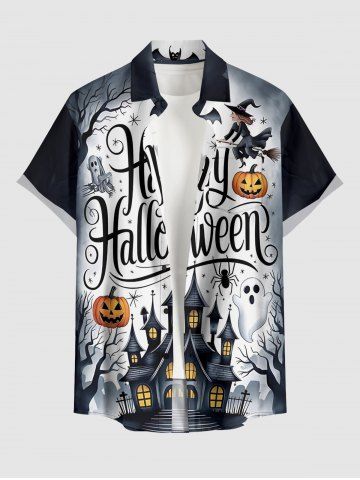 Chemise pour homme à imprimé Halloween : citrouille, fantôme, araignée, chauve-souris et château, avec boutons et poche - BLACK - 4XL