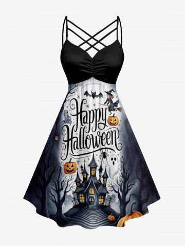 Robe à imprimé Halloween citrouille, fantôme, araignée, chauve-souris et château, à bretelles froncées entrecroisées en treillis - BLACK - 2X