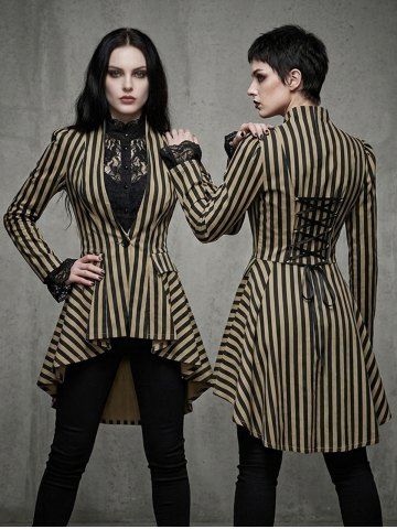 Manteau gothique en 100% coton, à imprimé rayures, laçage dans le dos, volants, manches longues asymétriques, motif costume - COFFEE - L