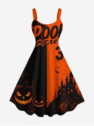 Robe débardeur à imprimé colorblock sur le thème d'Halloween : citrouille, chauve-souris, château et arbre (bretelles ajustables) - BURNT ORANGE - L