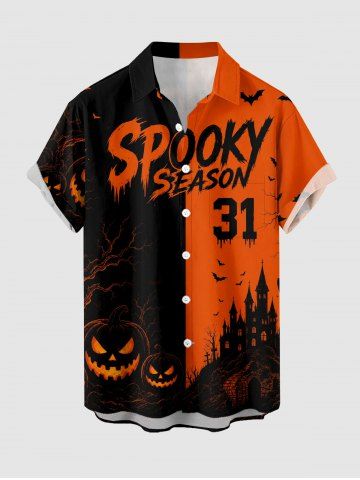 Chemise pour homme Halloween – imprimé citrouille, chauve-souris, château et arbre, motif colorblock, boutons et poche