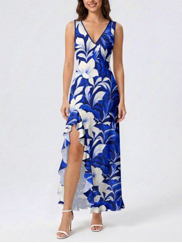 Robe portefeuille fendue à volants, imprimé hawaïen fleurs et feuilles - BLUE - L