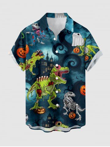 Chemise homme à imprimé Halloween squelette, dinosaure, citrouille, chauve-souris, château et arbre, avec poche boutonnée - PEACOCK BLUE - 2XL