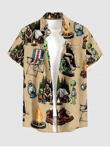 Chemise hawaïenne pour homme à imprimé Alien Glorilla (bottes, chaise, feu, flamme, lanterne), boutons et poche - TAN - S