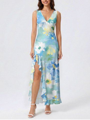 Robe portefeuille hawaïenne à imprimé aquarelle fleurs, avec volants et fente - TURQUOISE - XS