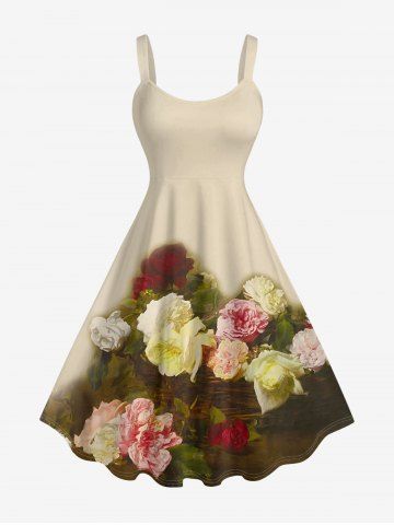 Robe débardeur hawaïenne à imprimé fleurs colorblock (bretelles ajustables) - TAN - 1X