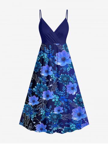 Robe portefeuille trapèze hawaïenne à imprimé fleurs, feuilles et branches - INDIGO COLOR - 1X