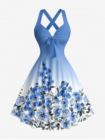 Robe trapèze à imprimé dégradé fleurs et feuilles, style Hawaï, col halter et bretelles croisées - SKY BLUE - M