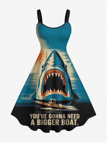 Shark Sea Sun Print Hawaii A Line Dress - LAKE BLUE - 3X