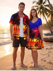 Tenue de plage hawaïenne assortie pour couples à imprimé cocotier, paysage marin et voilier - Orange Foncé 