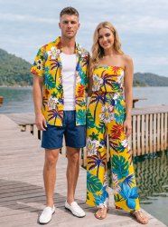 Ensemble hawaïen de plage assorti à imprimé tropical fleurs et feuilles pour couples - Brun Doré 
