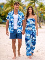 Coconut Tree Sea Waves Print Matching Hawaii Beach Outfit For Couples -  