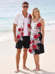 Tropical Leaf Flower Print Matching Hawaii Beach Outfit For Couples -  