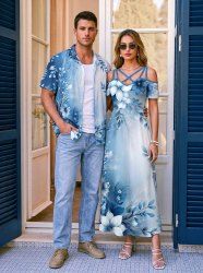 Flower Leaf Branch Ombre Print Matching Hawaii Beach Outfit For Couples -  