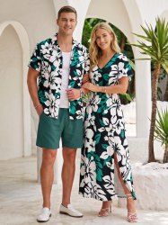 Hibiscus Flower Leaf Print Matching Hawaii Beach Outfit For Couples -  