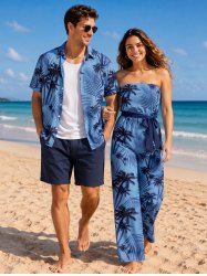 Tenue de plage hawaïenne assortie pour couples à imprimé cocotier et feuilles tropicales - Bleu 