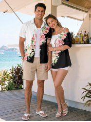 Rose Flower Leaf Colorblock Print Matching Hawaii Beach Outfit For Couples -  