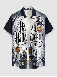 Chemise homme à imprimé Halloween citrouille fantôme araignée chauve-souris château, avec boutons et poche - Noir 2XL