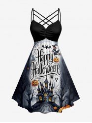 Halloween Pumpkin Ghost Spider Bat Castle Print Ruched Lattice Crisscross Straps Dress -  
