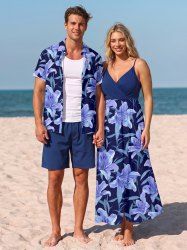 Tenue de plage hawaïenne assortie pour couple, à imprimé fleurs et feuilles - Bleu profond 
