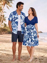 Tenue de plage hawaïenne assortie à imprimé fleurs et feuilles pour couples - Bleu profond 
