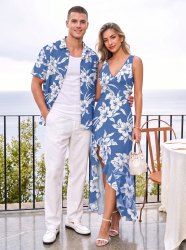 Flowers Leaf Print Matching Hawaii Beach Outfit For Couples -  