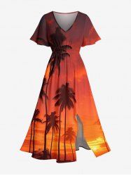 Coconut Tree Ombre Dusk Print Hawaii Split Pocket A Line Midi Dress -  