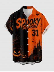Halloween Pumpkin Bat Castle Tree Colorblock Print Buttons Pocket Shirt For Men -  