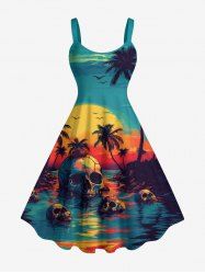 Skulls Coconut Tree Sun Seascape Print Hawaii Tank Dress(Adjustable Shoulder Strap) -  