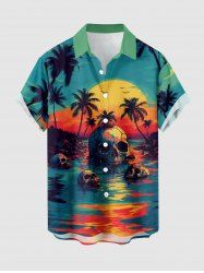 Skulls Coconut Tree Sun Seascape Print Buttons Pocket Hawaii Shirt For Men -  