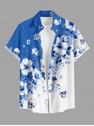 Flowers Skull Colorblock Print Buttons Pocket Hawaii Shirt For Men -  