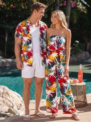 Colorful Paint Splatter Coconut Tree Print Matching Hawaii Beach Outfit For Couples -  