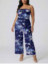 Coconut Tree Mountain Print Hawaii Pocket Jumpsuit with Removable Belt and Shoulder Strap -  