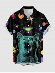 Cat Planet UFO Print Button Pocket Shirt For Men -  