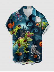 Halloween Skeleton Dinosaur Pumpkin Bat Castle Tree Print Button Pocket Shirt For Men -  