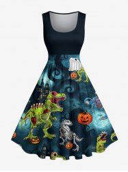 Halloween Skeleton Dinosaur Pumpkin Bat Castle Tree Print Vintage Swing A Line Dress -  
