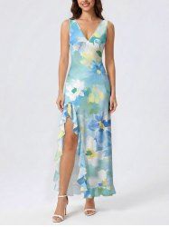 Flowers Watercolor Print Hawaii Ruffles Split Surplice Dress -  