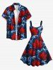 Tenue de plage hawaïenne assortie pour couple avec imprimé feuilles et vagues - Bleu profond 