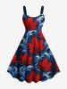 Tenue de plage hawaïenne assortie pour couple avec imprimé feuilles et vagues - Bleu profond 