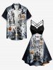 Halloween Pumpkin Ghost Spider Bat Castle Print Ruched Lattice Crisscross Straps Dress -  