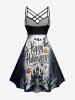 Halloween Pumpkin Ghost Spider Bat Castle Print Ruched Lattice Crisscross Straps Dress -  