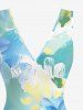Flowers Watercolor Print Hawaii Ruffles Split Surplice Dress -  