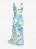 Flowers Watercolor Print Hawaii Ruffles Split Surplice Dress -  