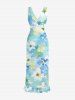 Flowers Watercolor Print Hawaii Ruffles Split Surplice Dress -  
