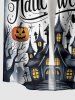 Halloween Pumpkin Ghost Spider Bat Castle Print Buttons Pocket Shirt For Men -  