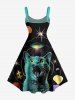 Cat Planet UFO Print A Line Dress -  