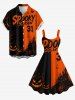 Halloween Pumpkin Bat Castle Tree Colorblock Print Tank Dress(Adjustable Shoulder Strap) -  