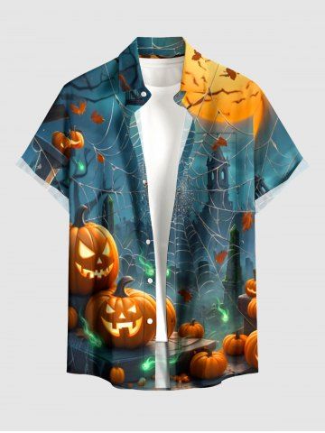 Halloween Pumpkin Spider Web Print Buttons Pocket Shirt For Men - PEACOCK BLUE - 5XL