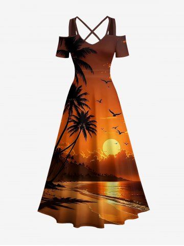 Robe maxi hawaïenne à épaules dénudées et à liens croisés, à imprimé paysage marin avec cocotier, oiseau et soleil - BURNT ORANGE - XXS
