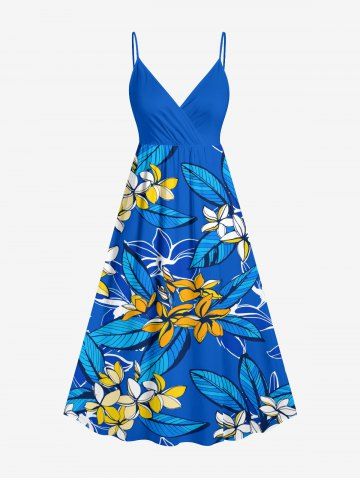 Robe débardeur portefeuille hawaïenne à imprimé fleurs et feuilles - BLUE - XS